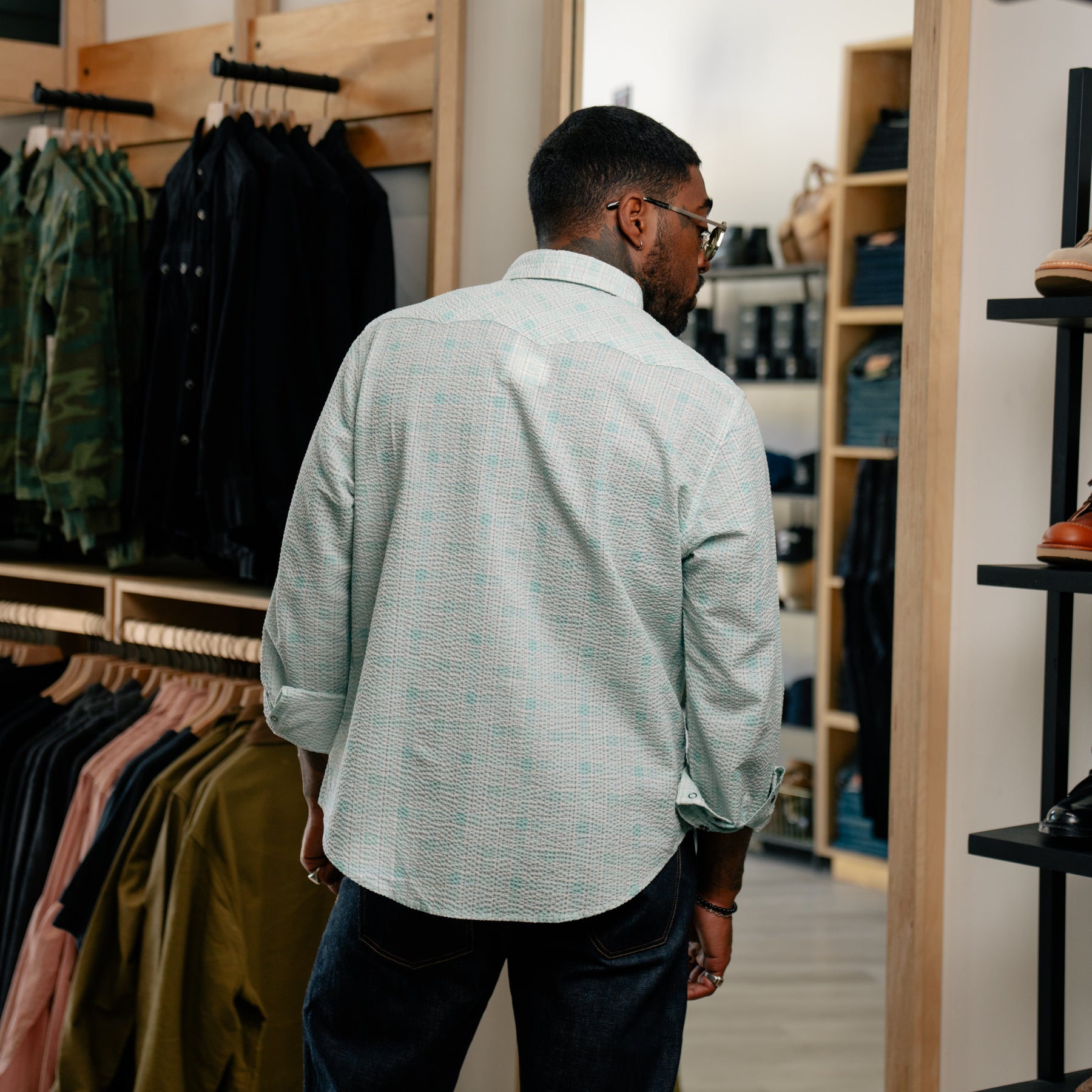 RRL Slim Fit Seersucker Western Shirt Turquoise Multi