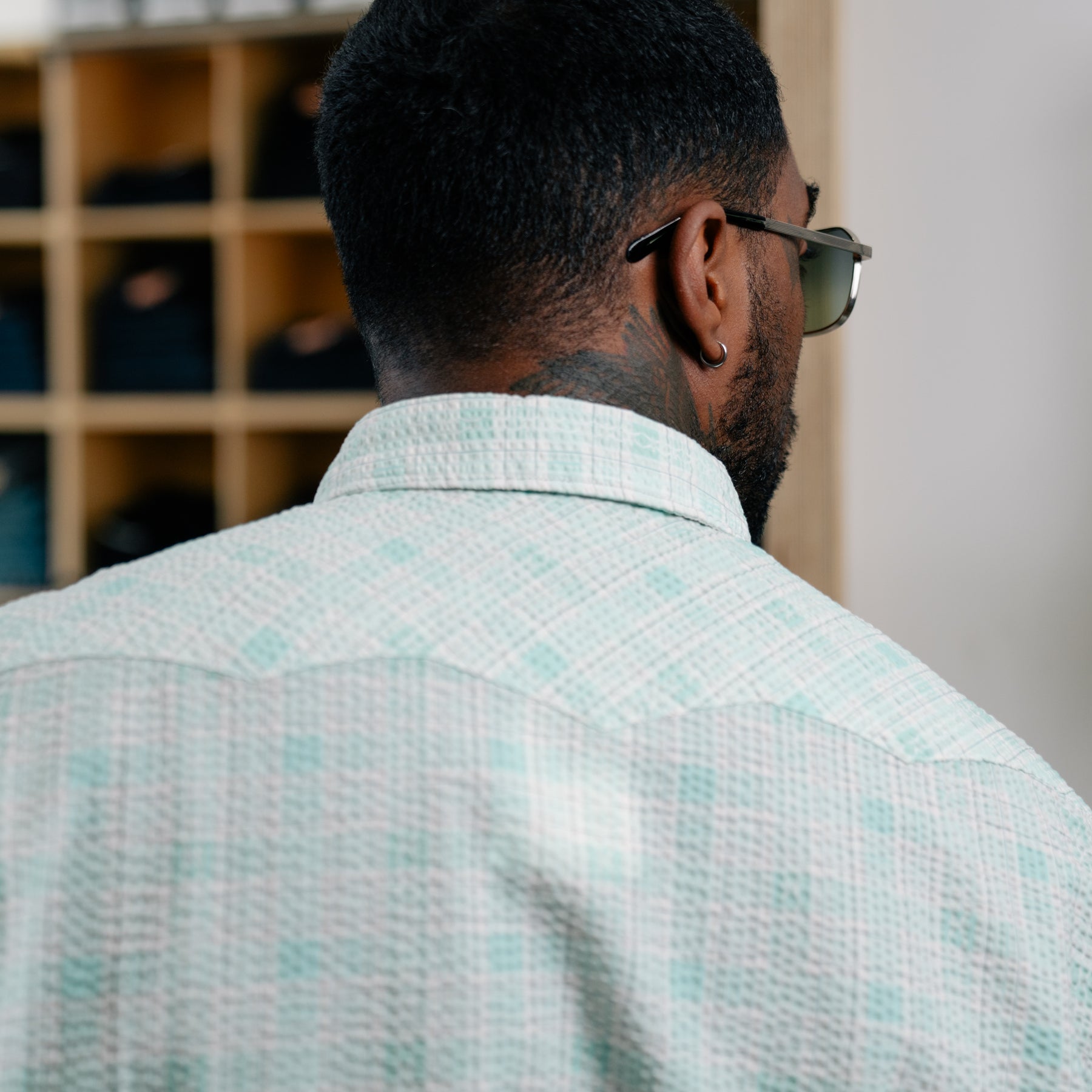 RRL Slim Fit Seersucker Western Shirt Turquoise Multi