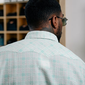 RRL Slim Fit Seersucker Western Shirt Turquoise Multi
