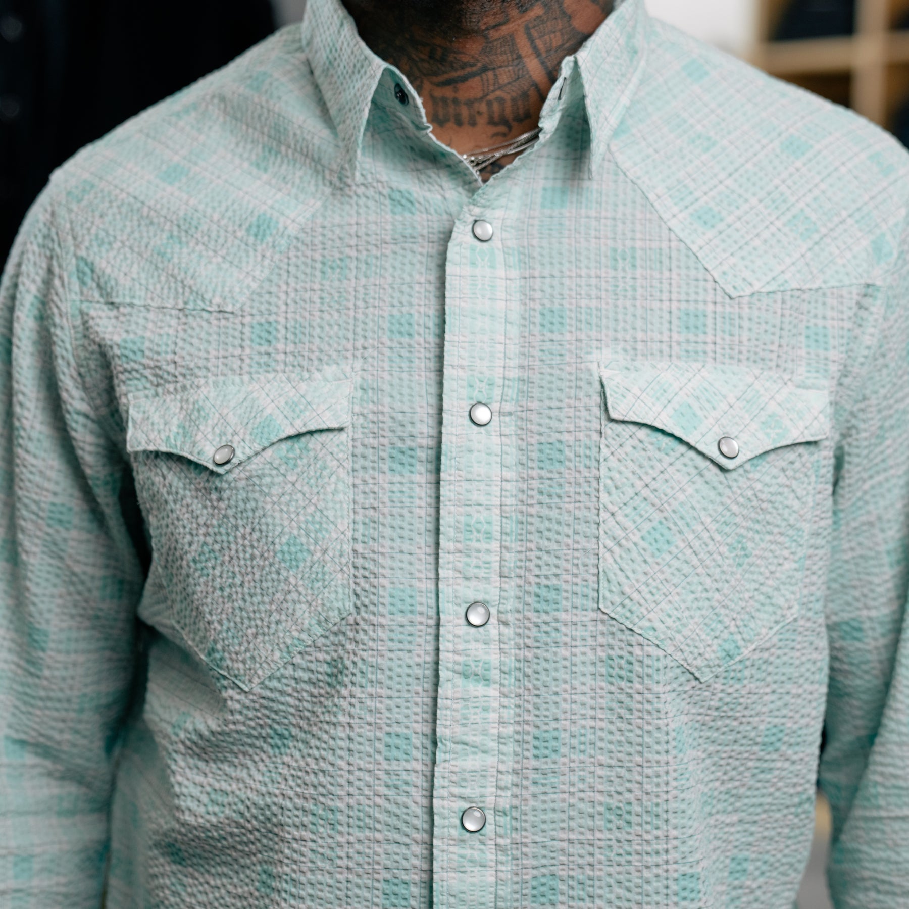 RRL Slim Fit Seersucker Western Shirt Turquoise Multi