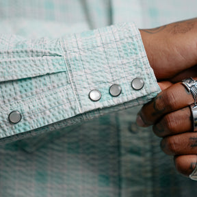 RRL Slim Fit Seersucker Western Shirt Turquoise Multi