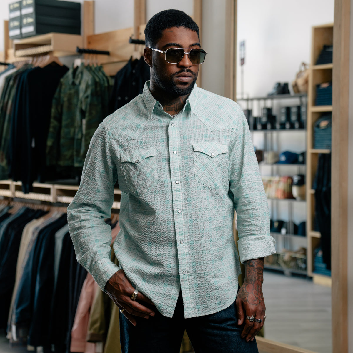 RRL Slim Fit Seersucker Western Shirt Turquoise Multi