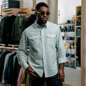 RRL Slim Fit Seersucker Western Shirt Turquoise Multi