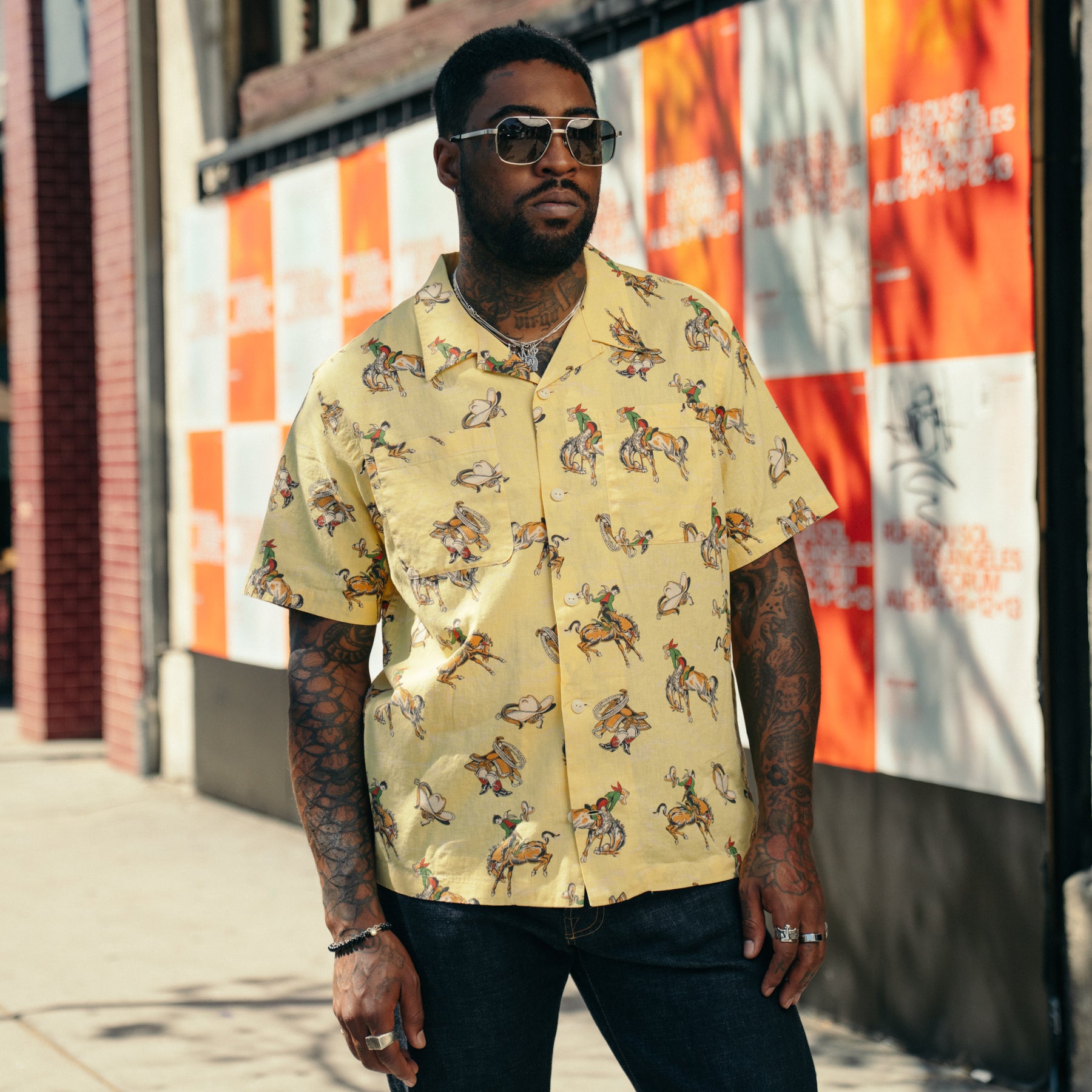 RRL Western-Print  Linen-Cotton Camp Shirt Yellow Multi