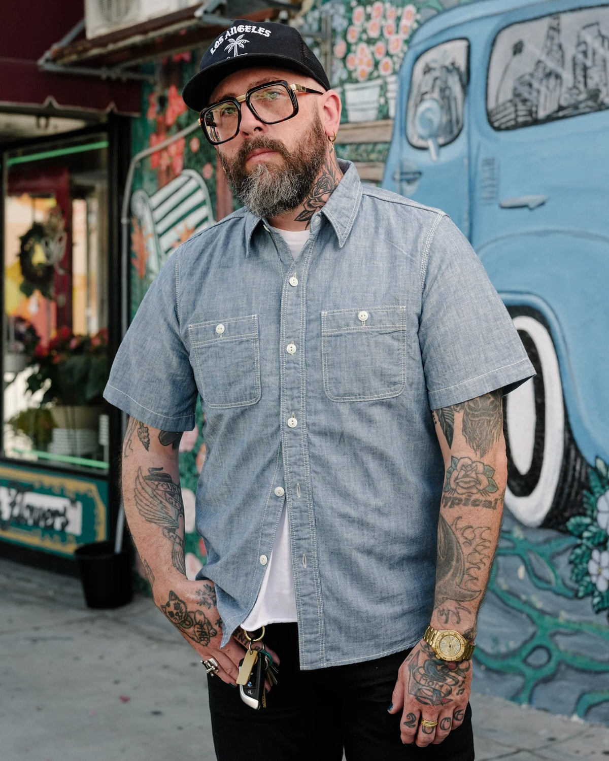 The Flat Head FN-SCK-010S Chambray Short Sleeve Work Shirt Blue FINAL SALE