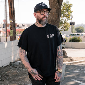 Schaeffer's Garment Hotel Cycle Varsity Drop Shoulder Raw Sleeve Tee Black