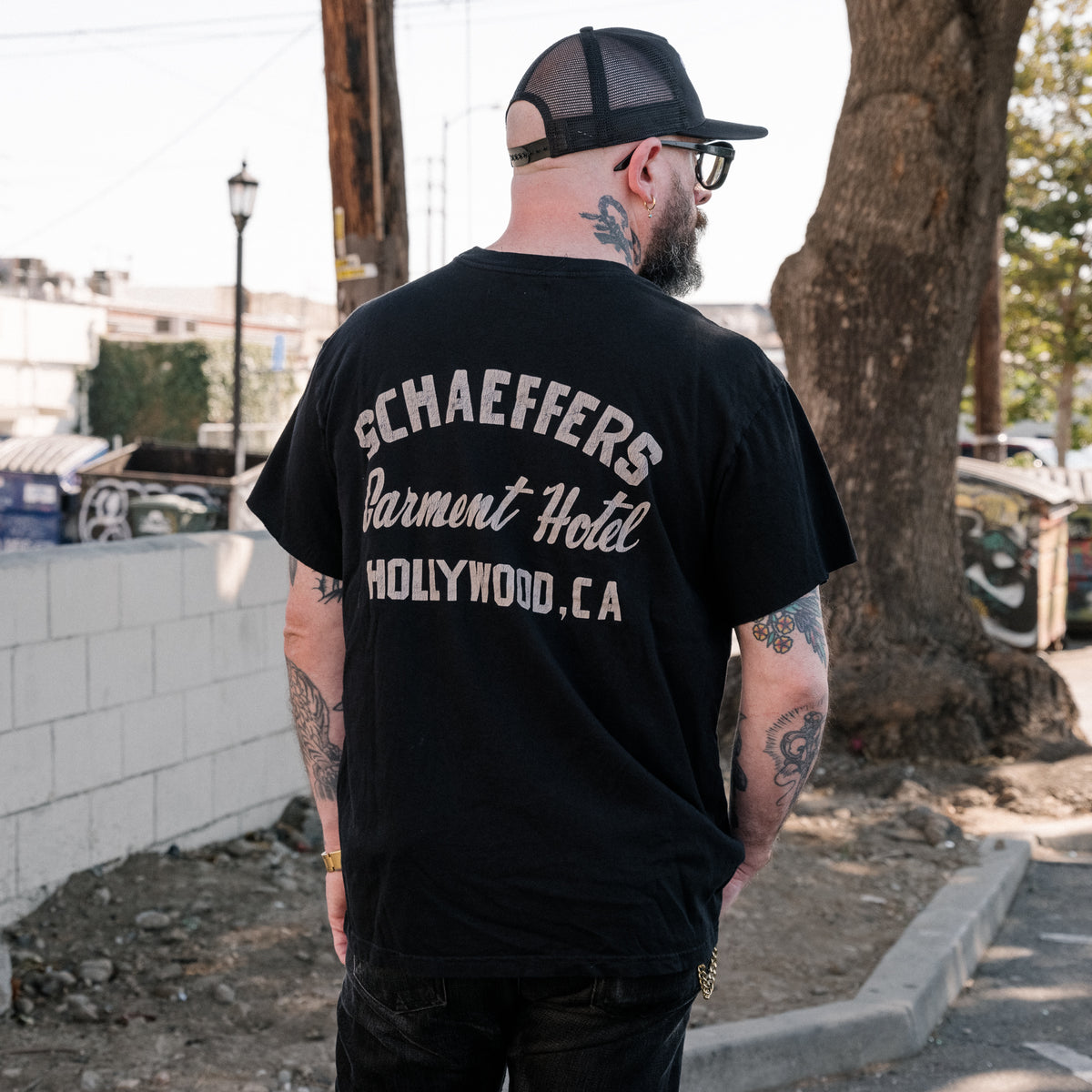 Schaeffer's Garment Hotel Cycle Varsity Drop Shoulder Raw Sleeve Tee Black
