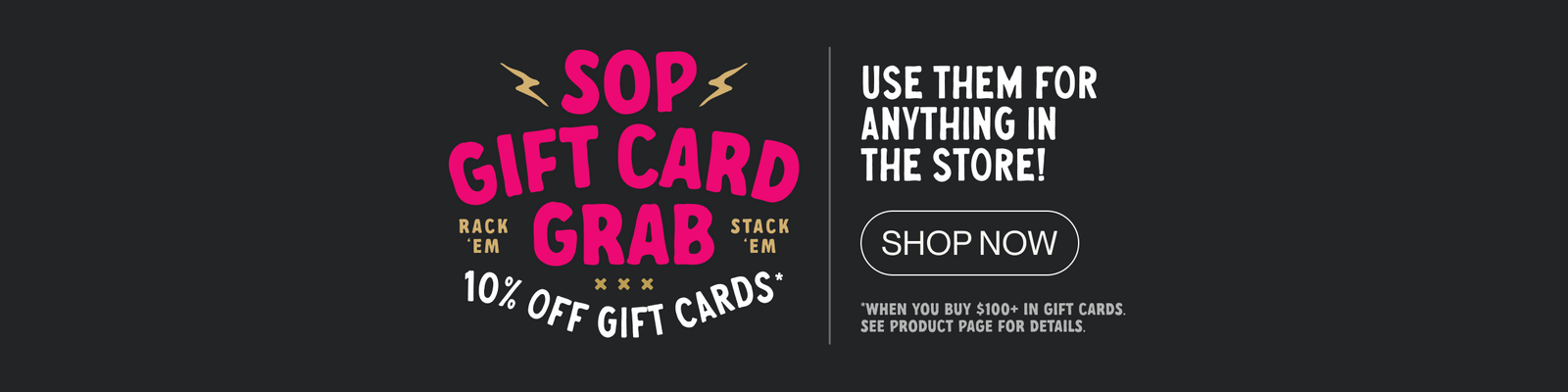 Promotional banner for a gift card sale event with text and call-to-action buttons on a black background.