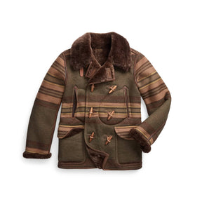 RRL Shearling-Lined Striped Woven Peacoat Grey/Brown Multi FINAL SALE