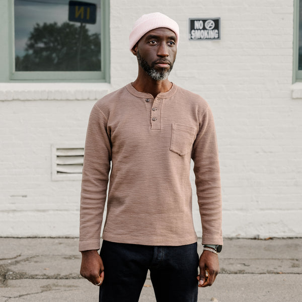 ◆THE MUSEUM VISITOR◆ CHECK MIXED HENLEY NECK TSHIRT BROWN THE MUSEUM VISITOR 】CHECK MIXED HENLEY NECK T-SHIRT