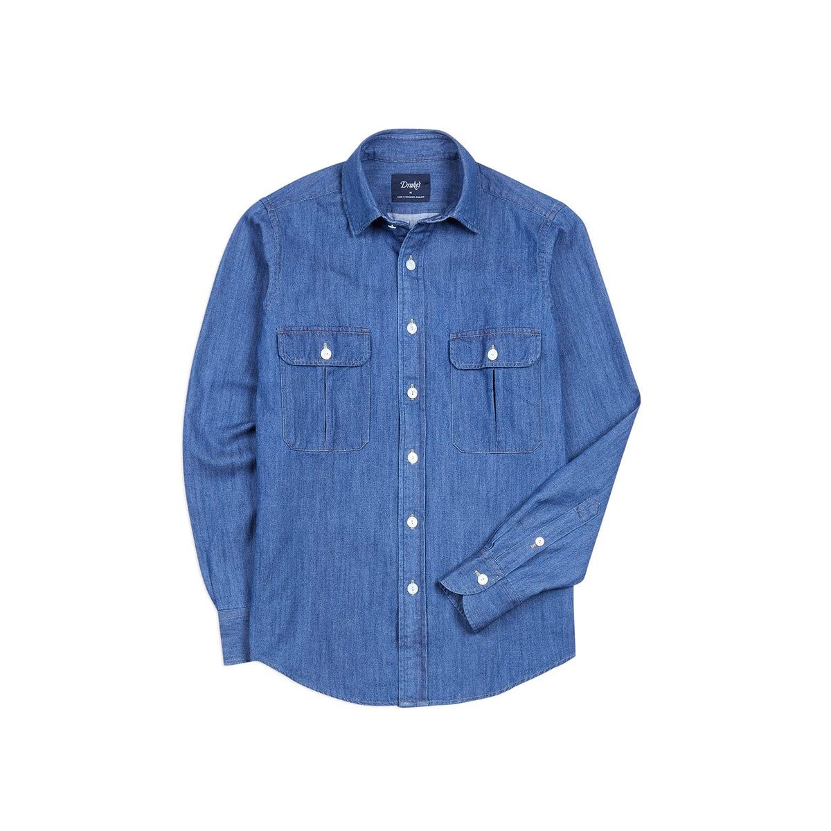 Drake's Mid-Blue Washed Denim Cotton Two-Pocket Work Shirt
