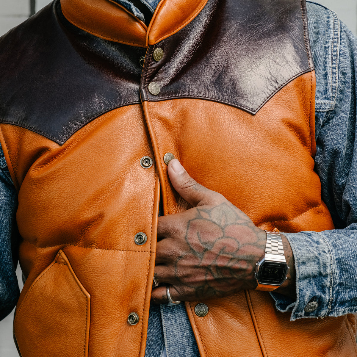 Y'2 Leather SV-01 Steer Oil & Horsehide Down Vest Camel/ Brown FINAL SALE