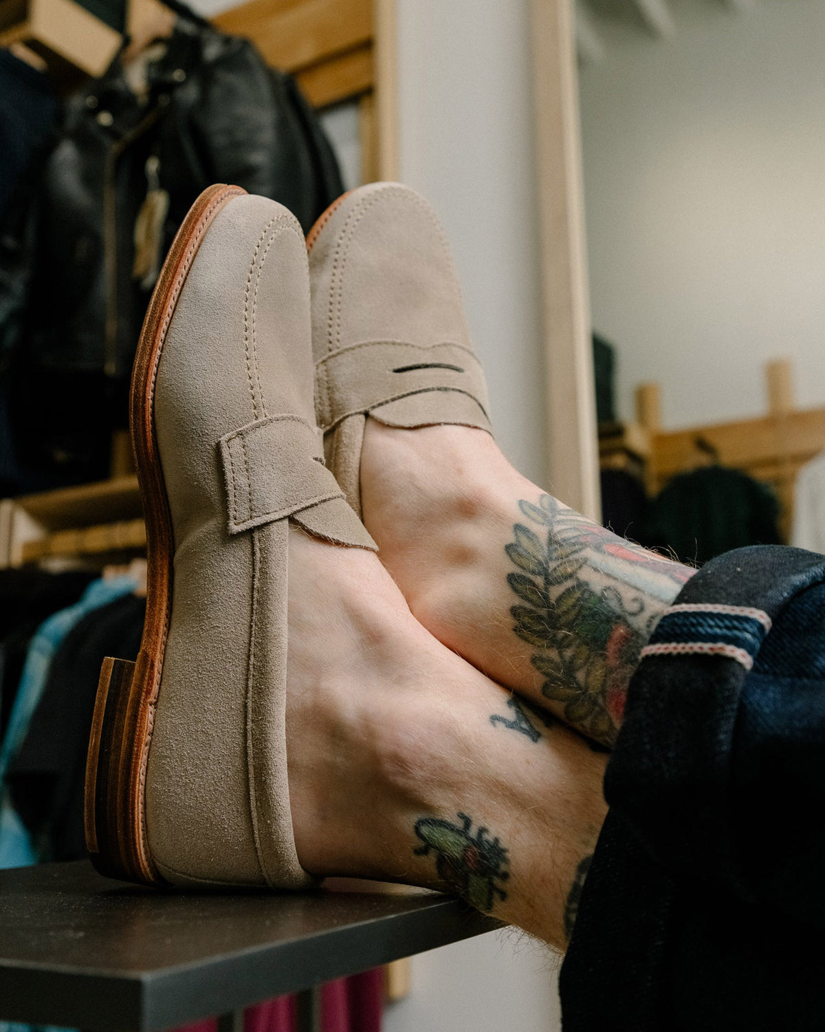 Alden x Snake Oil Provisions Unlined Penny Loafer Milkshake Suede
