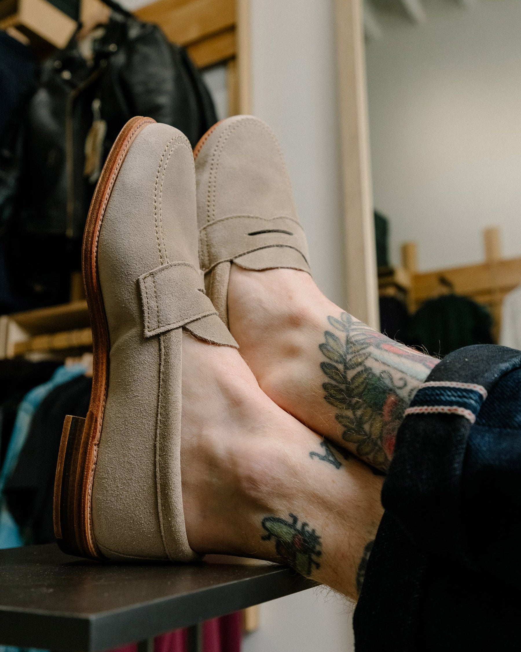 Alden x Snake Oil Provisions Unlined Penny Loafer Milkshake Suede