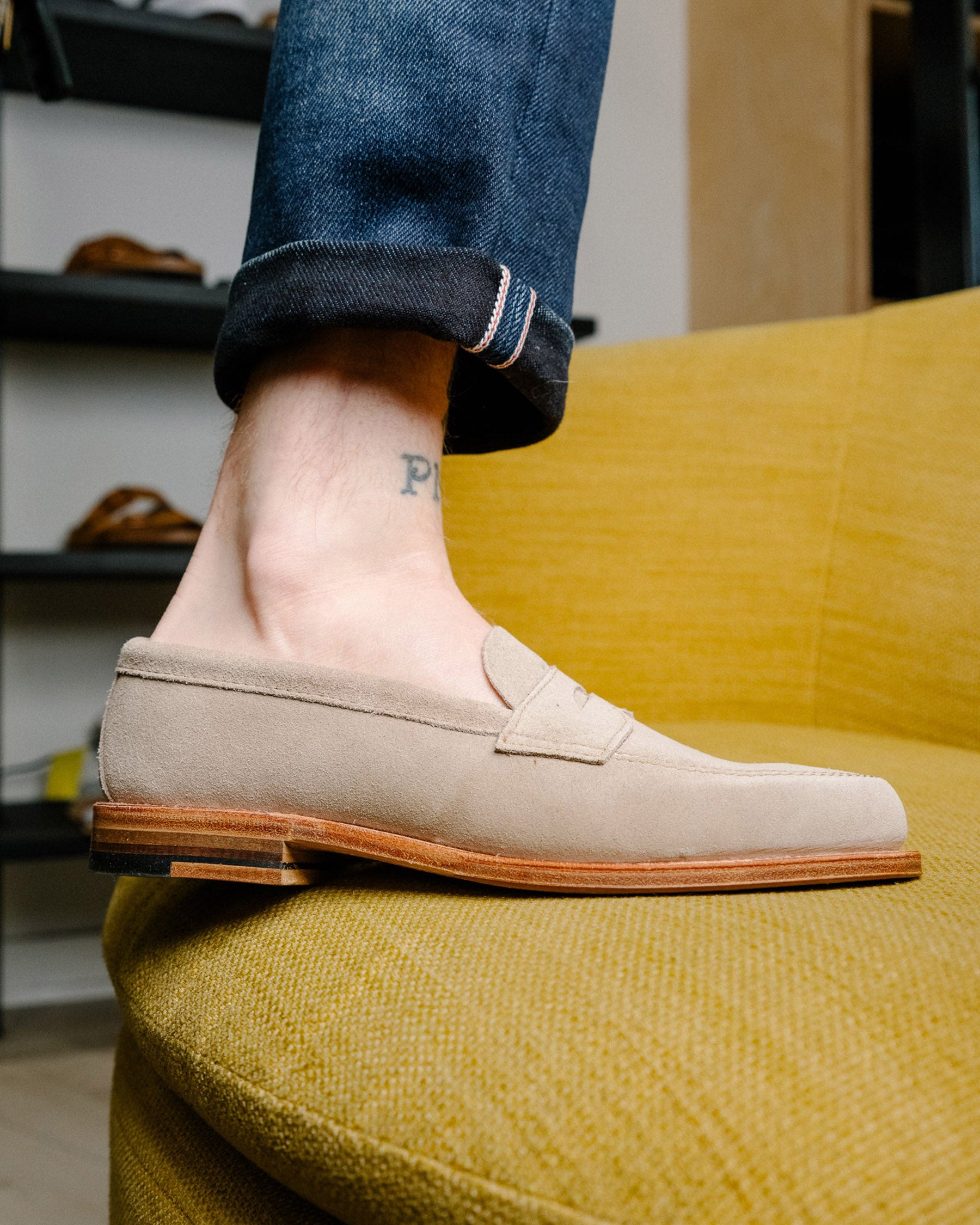 Alden x Snake Oil Provisions Unlined Penny Loafer Milkshake Suede