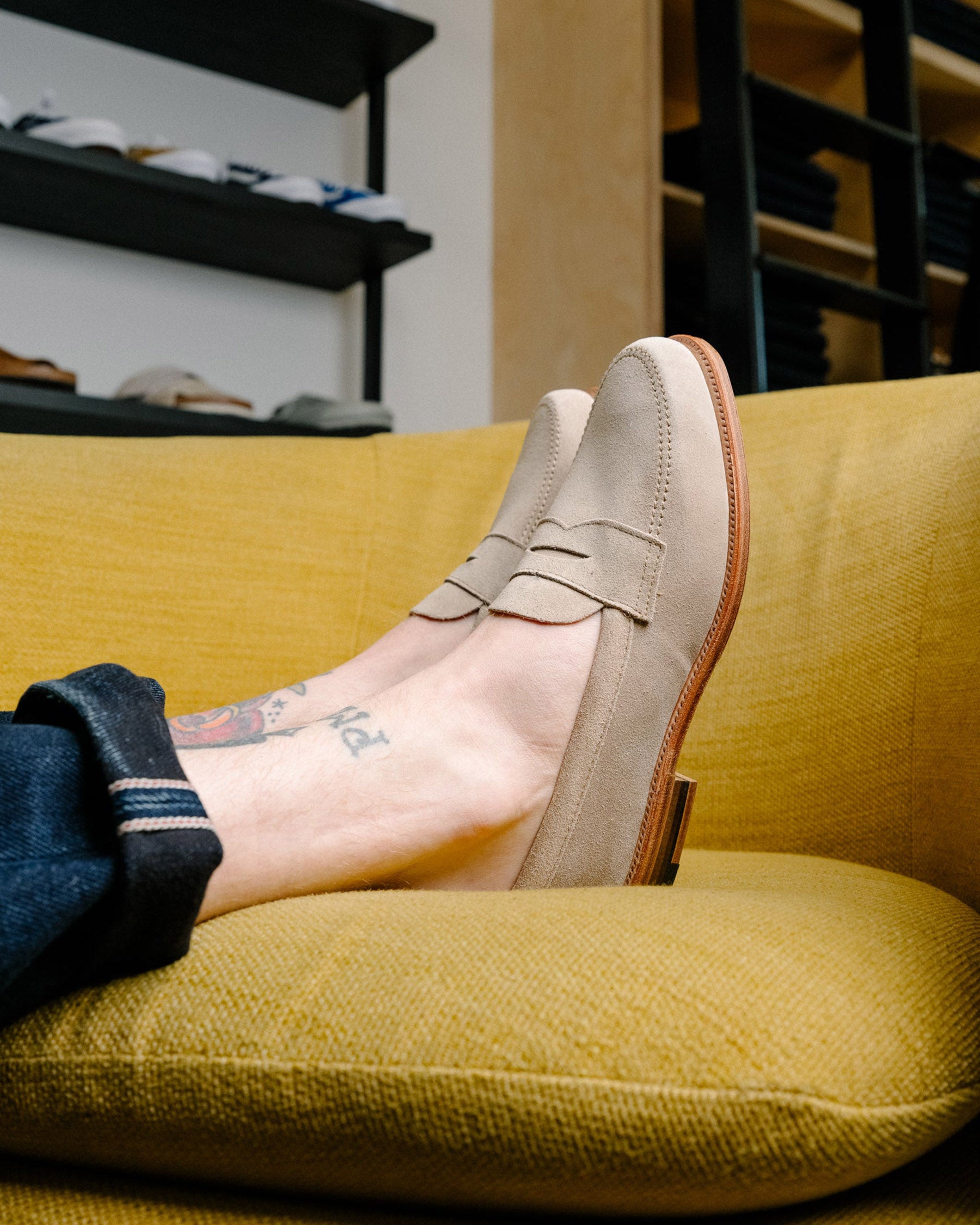 Alden x Snake Oil Provisions Unlined Penny Loafer Milkshake Suede