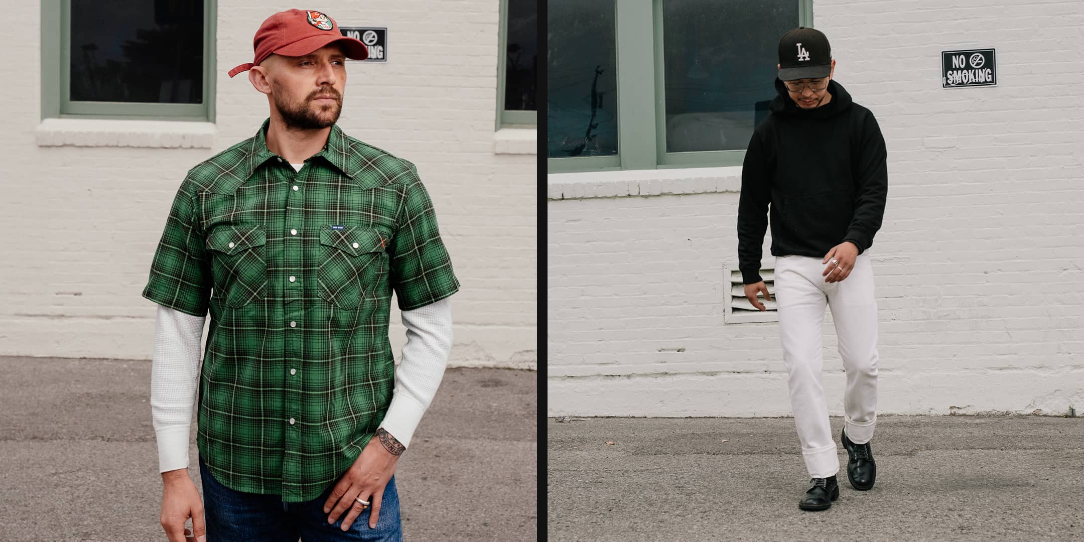 Man wearing Iron Heart Short Sleeve Western in green plaid and a man wearing Iron Heart White Twill 555 Jeans