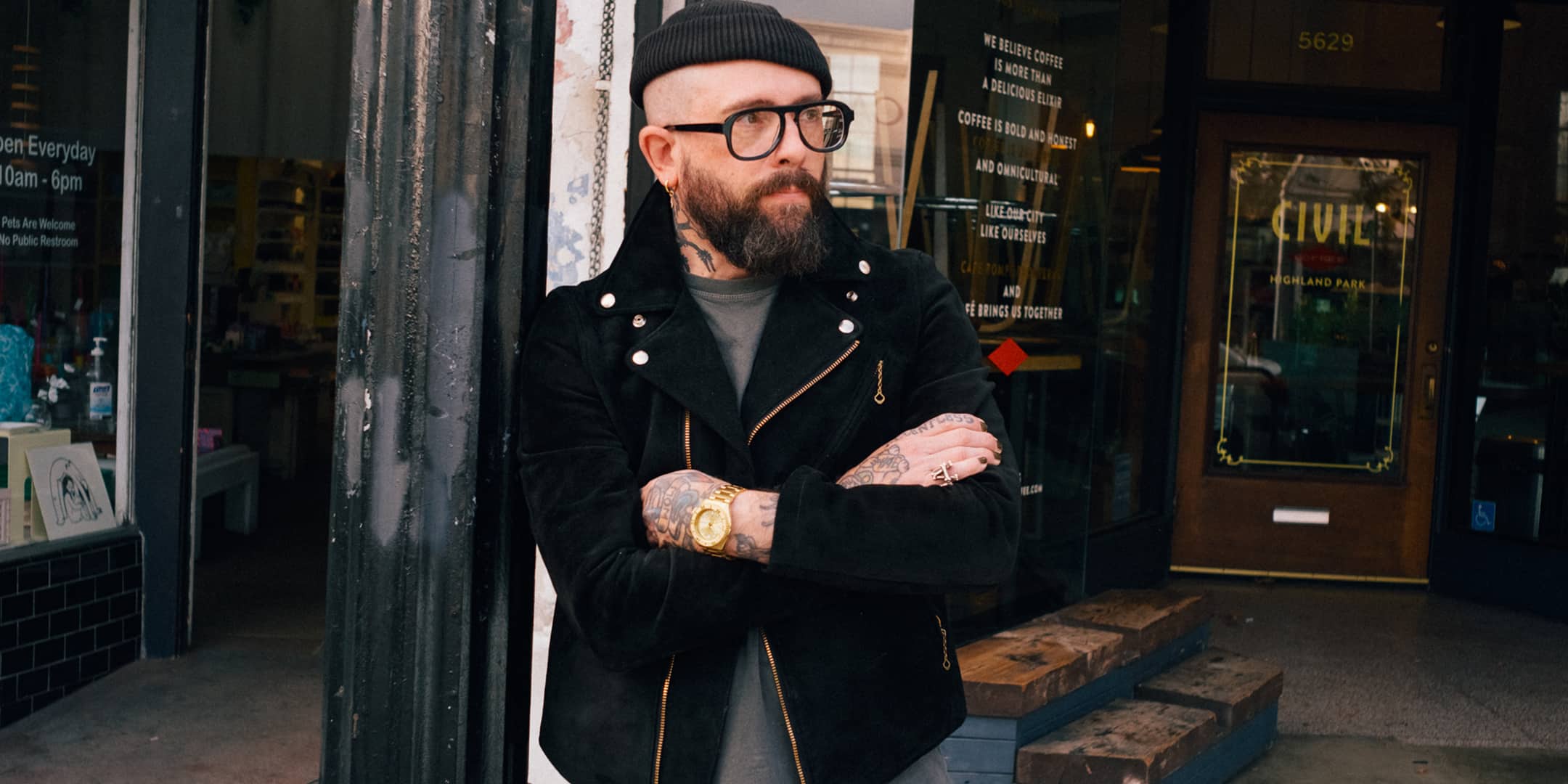 Man wearing DOUBLE HELIX x SNAKE OIL PROVISIONS Deviant ICON Black Suede Jacket