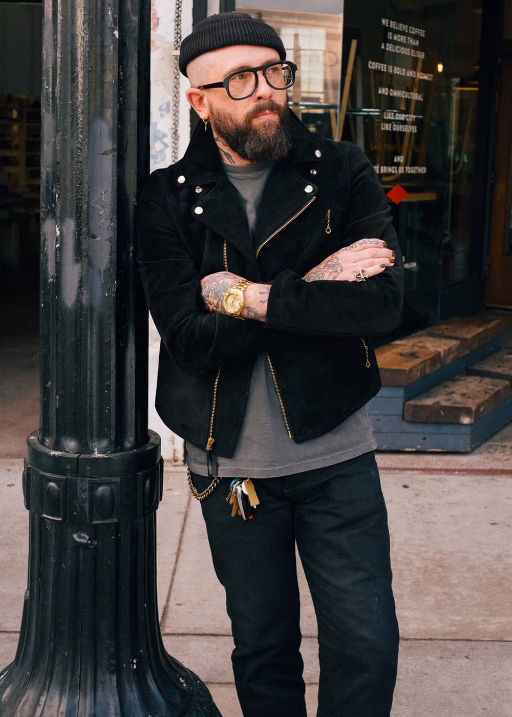 Man wearing DOUBLE HELIX x SNAKE OIL PROVISIONS Deviant ICON Black Suede Jacket