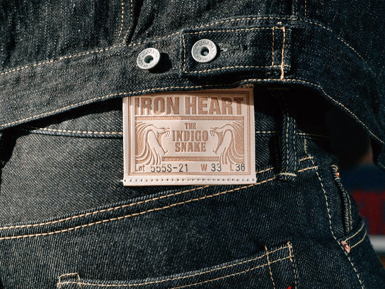 Closeup of Iron Heart 555 Indigo Snake leather patch