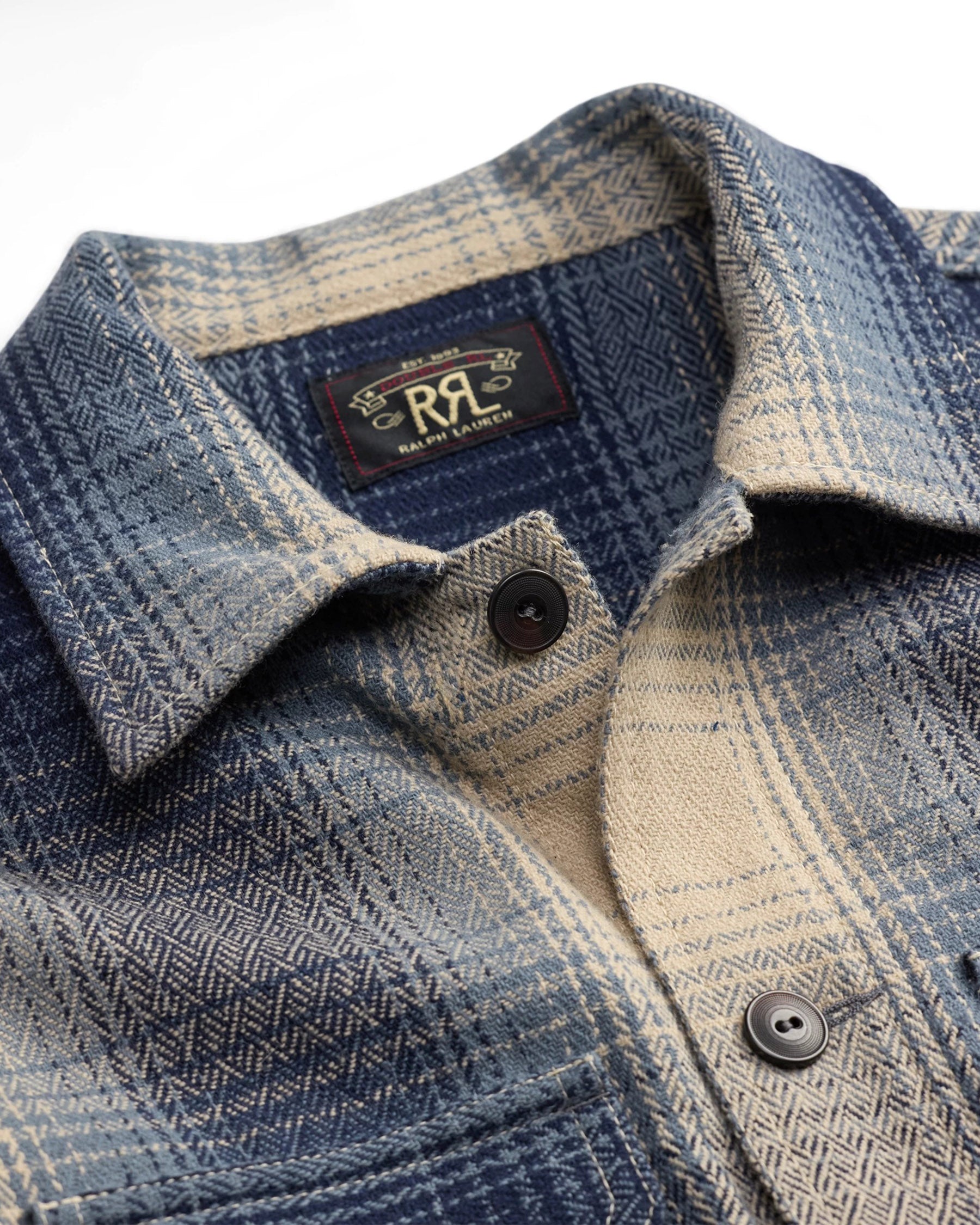 RRL Plaid Wool Twill Overshirt Blue/ Cream