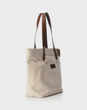 Leather-Trim Twill Tote Greige FINAL SALE