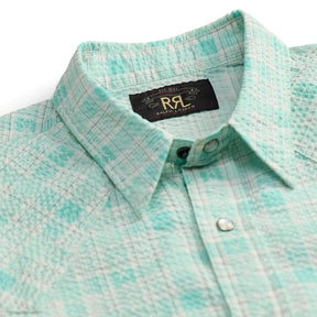 RRL Slim Fit Seersucker Western Shirt Turquoise Multi
