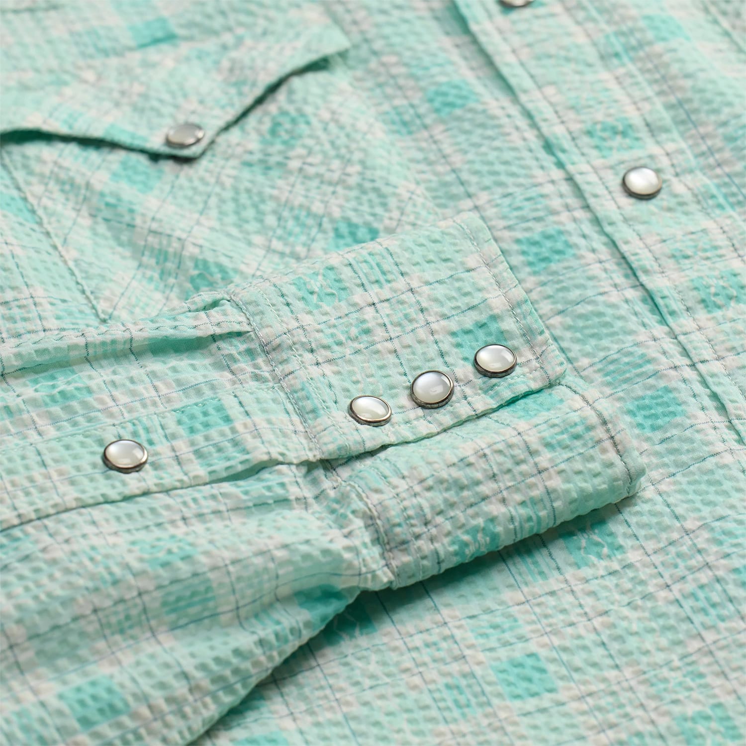 RRL Slim Fit Seersucker Western Shirt Turquoise Multi