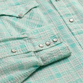RRL Slim Fit Seersucker Western Shirt Turquoise Multi