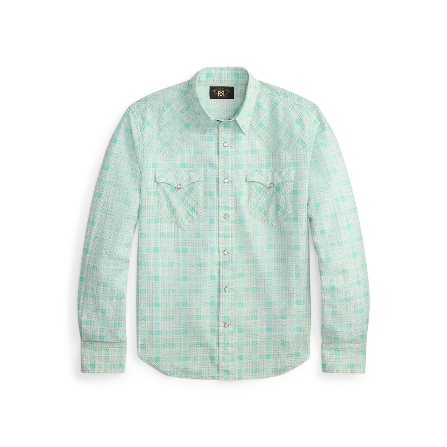 RRL Slim Fit Seersucker Western Shirt Turquoise Multi