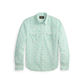 RRL Slim Fit Seersucker Western Shirt Turquoise Multi