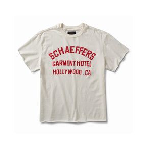 Schaeffer's Garment Hotel Cycle Varsity Drop Shoulder Raw Edge Tee White