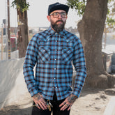 Iron Heart IHSH-333-SAX Ultra Heavy Flannel Blanket Check Western Shirt Sax Blue
