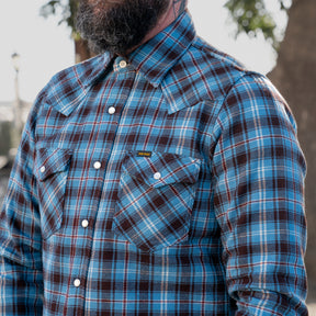 Iron Heart IHSH-333-SAX Ultra Heavy Flannel Blanket Check Western Shirt Sax Blue
