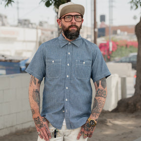 Iron Heart IHSH-285-PIN 5.5oz Selvedge Pinstripe Chambray Short Sleeve Work Shirt Indigo