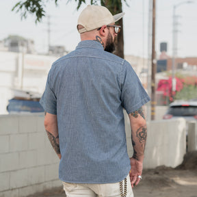 Iron Heart IHSH-285-PIN 5.5oz Selvedge Pinstripe Chambray Short Sleeve Work Shirt Indigo
