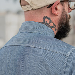 Iron Heart IHSH-285-PIN 5.5oz Selvedge Pinstripe Chambray Short Sleeve Work Shirt Indigo