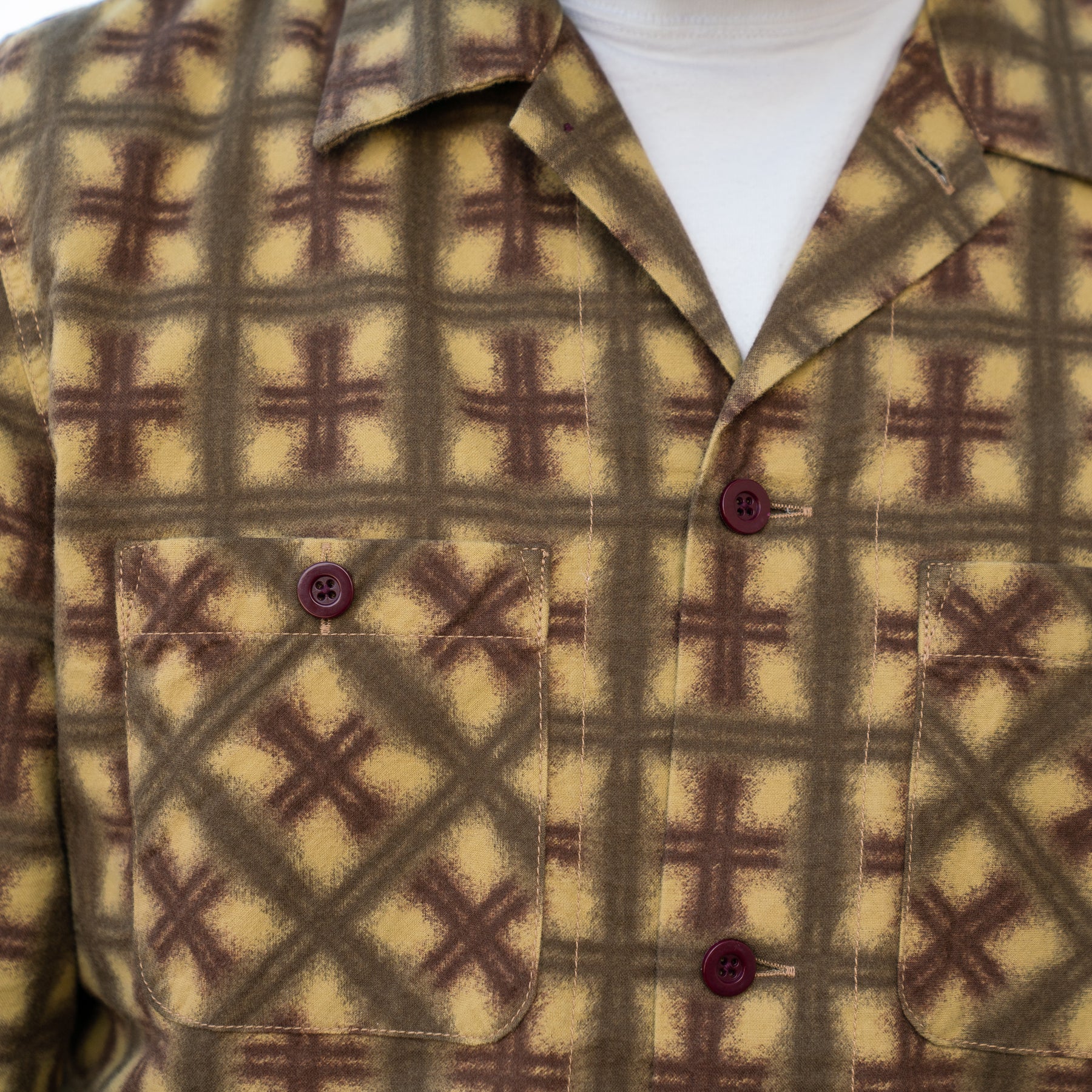 The Flat Head Printed Flannel Shirt Yellow/ Brown FINAL SALE