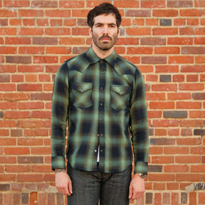 Iron Heart IHSH-348-GRN 9oz Selvedge Ombré Check Western Shirt Green