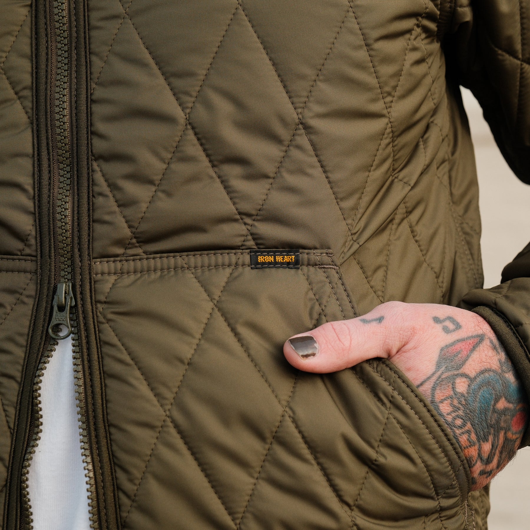 Iron Heart IHJ-118-OLV Collarless Lightweight Quilted Jacket Olive