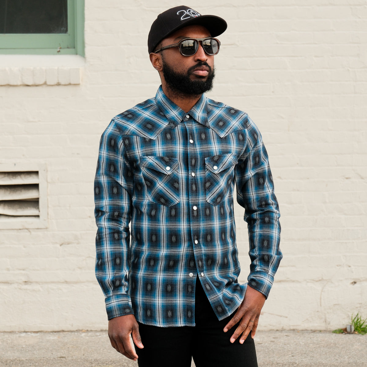 The Flat Head FN-SNW-004L Native Check Western Shirt Blue FINAL SALE