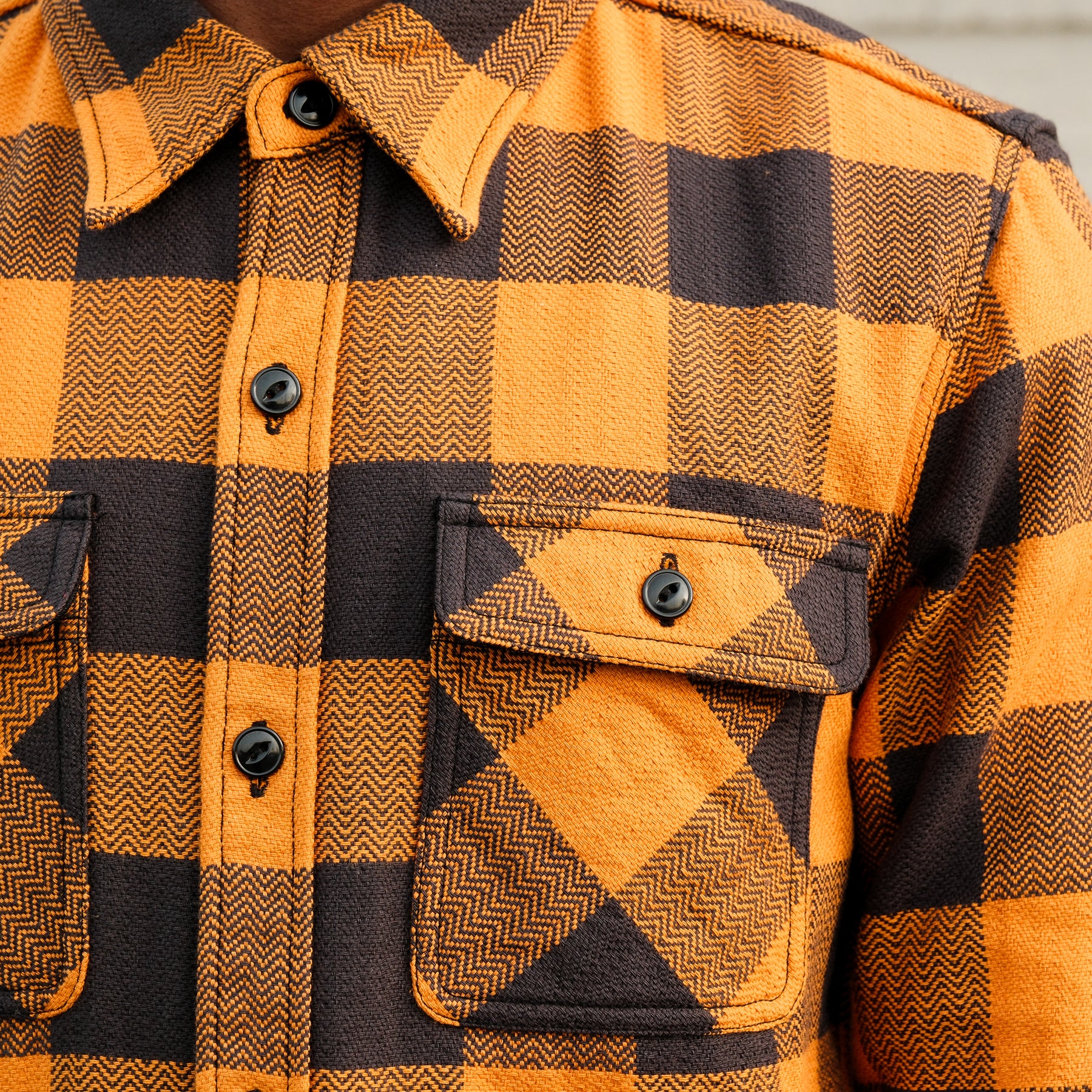 The Flat Head FN-SNR-101L Block Check Flannel Shirt Orange/ Charcoal