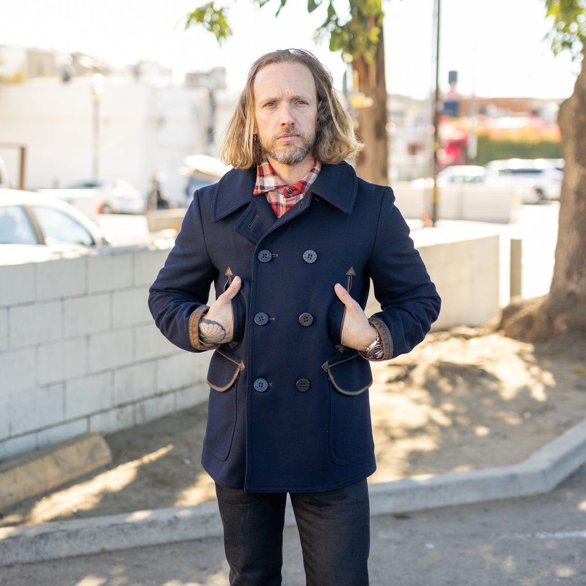 RRL Leather-Trim Peacoat Deep Navy