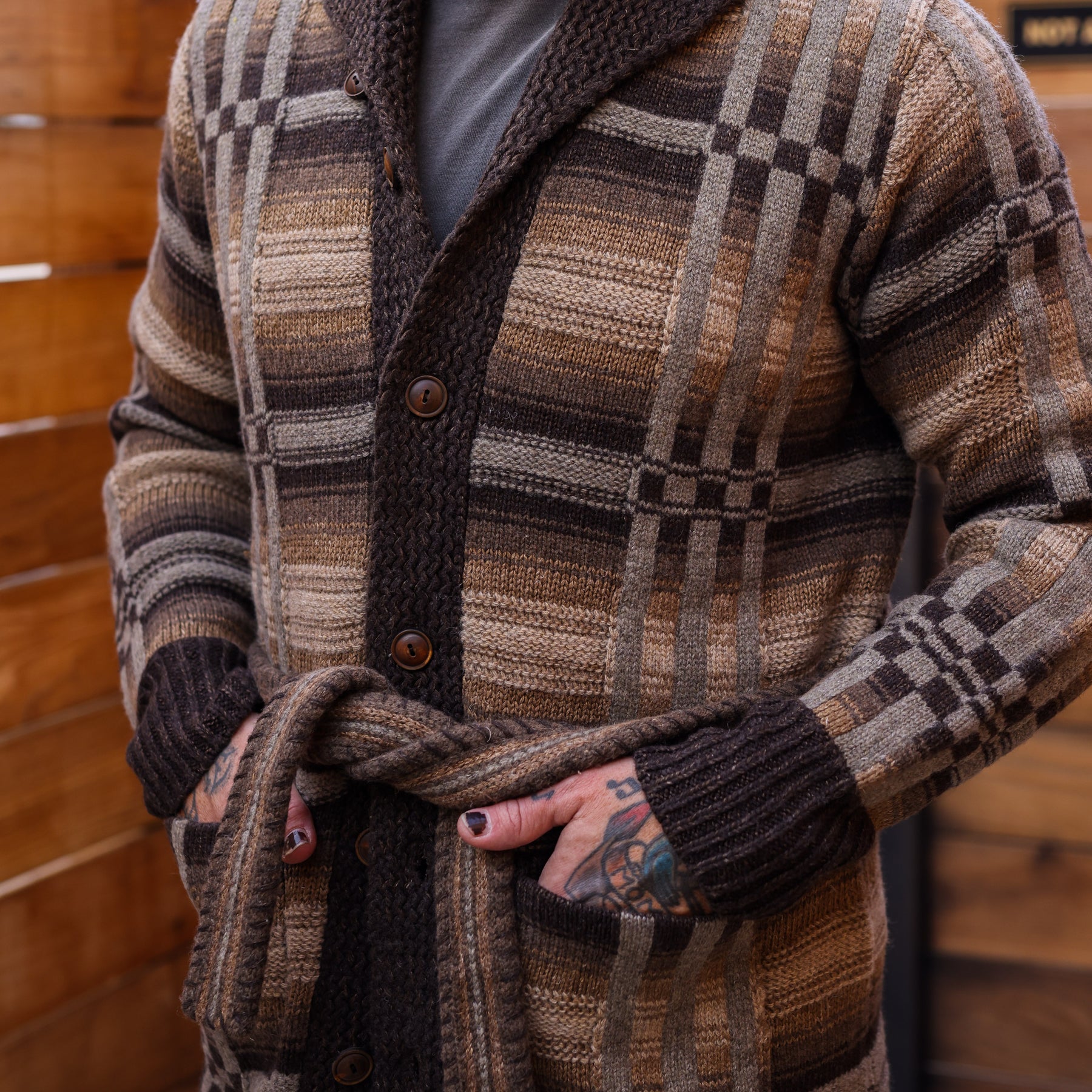 RRL Wool Blend Belted Cardigan Brown Multi