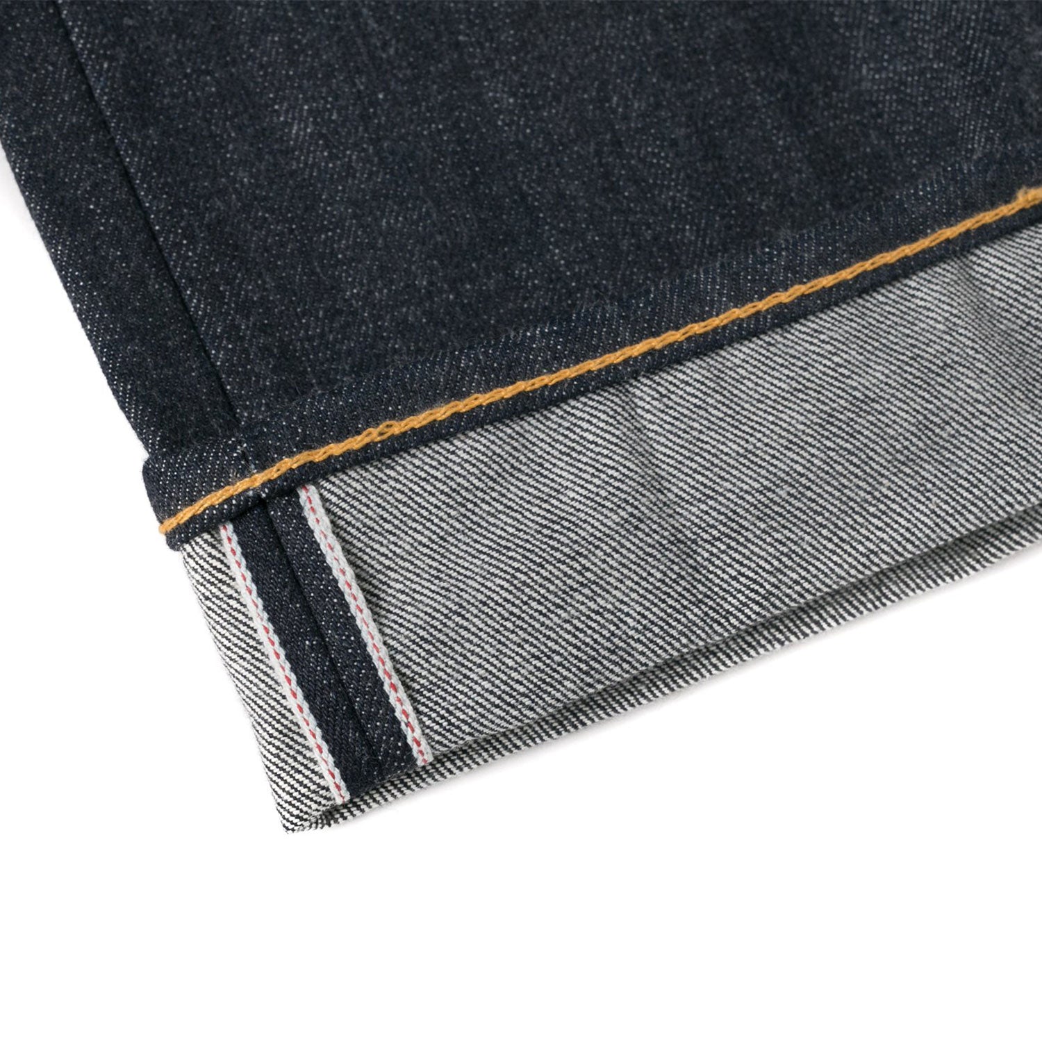 Closeup of cuffed jeans showing chainstitch hem selvedge detail