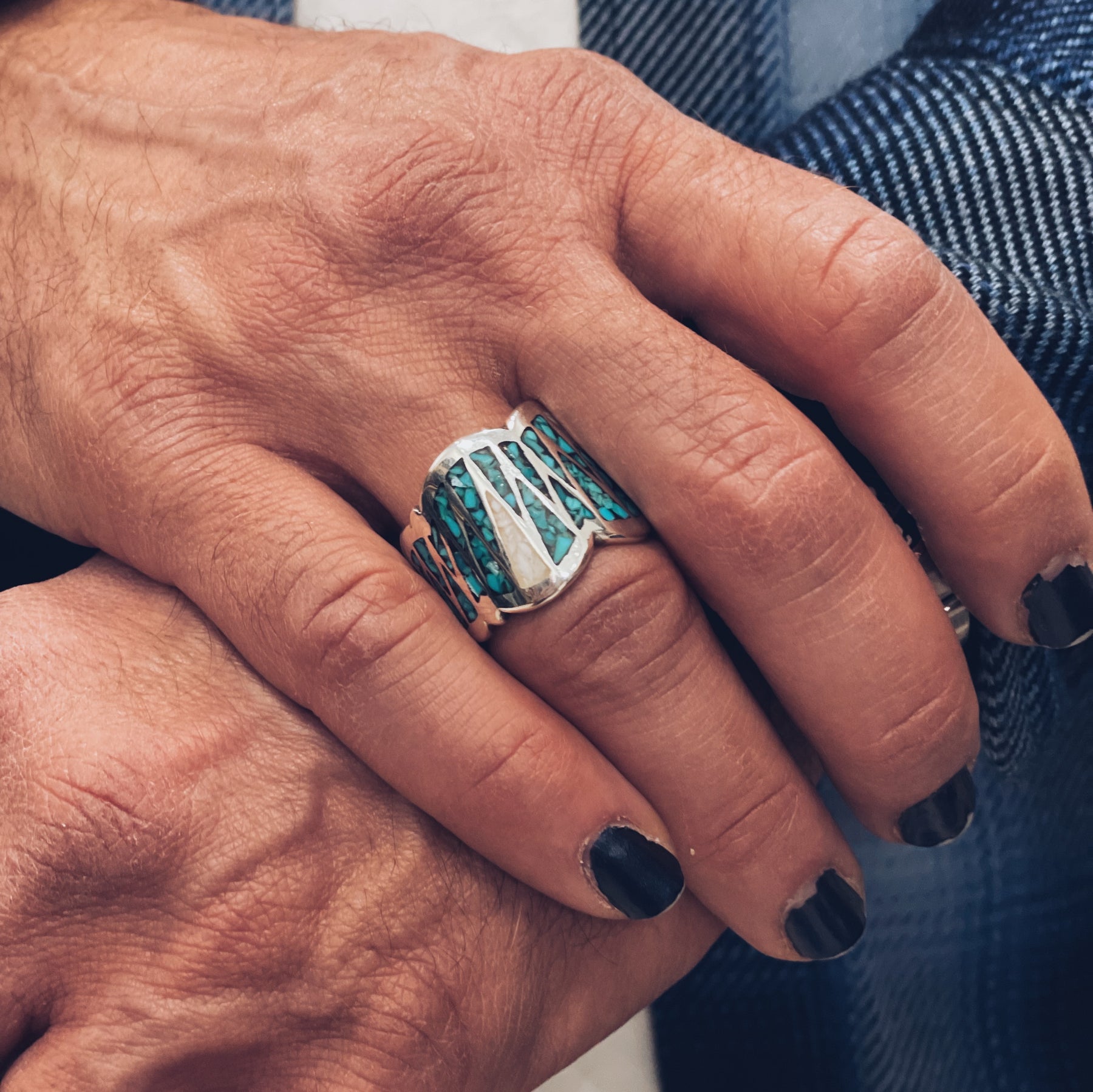 Mt. Hill Silver SharkBite Ring Inlaid Turquoise Sterling Silver