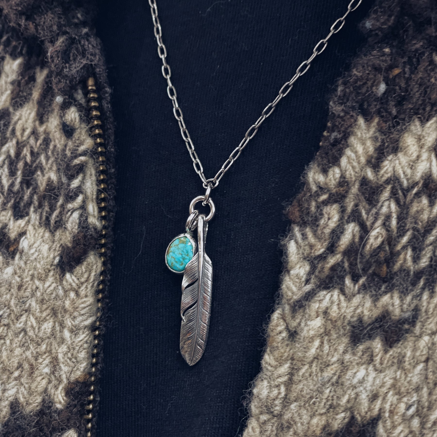 Mt. Hill Silver Sterling Silver Feather Chain Necklace with Turquoise
