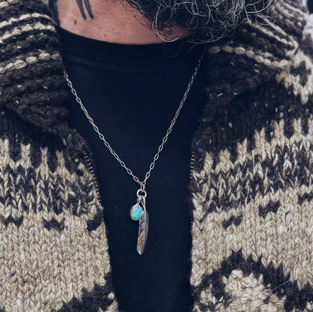 Mt. Hill Silver Sterling Silver Feather Chain Necklace with Turquoise