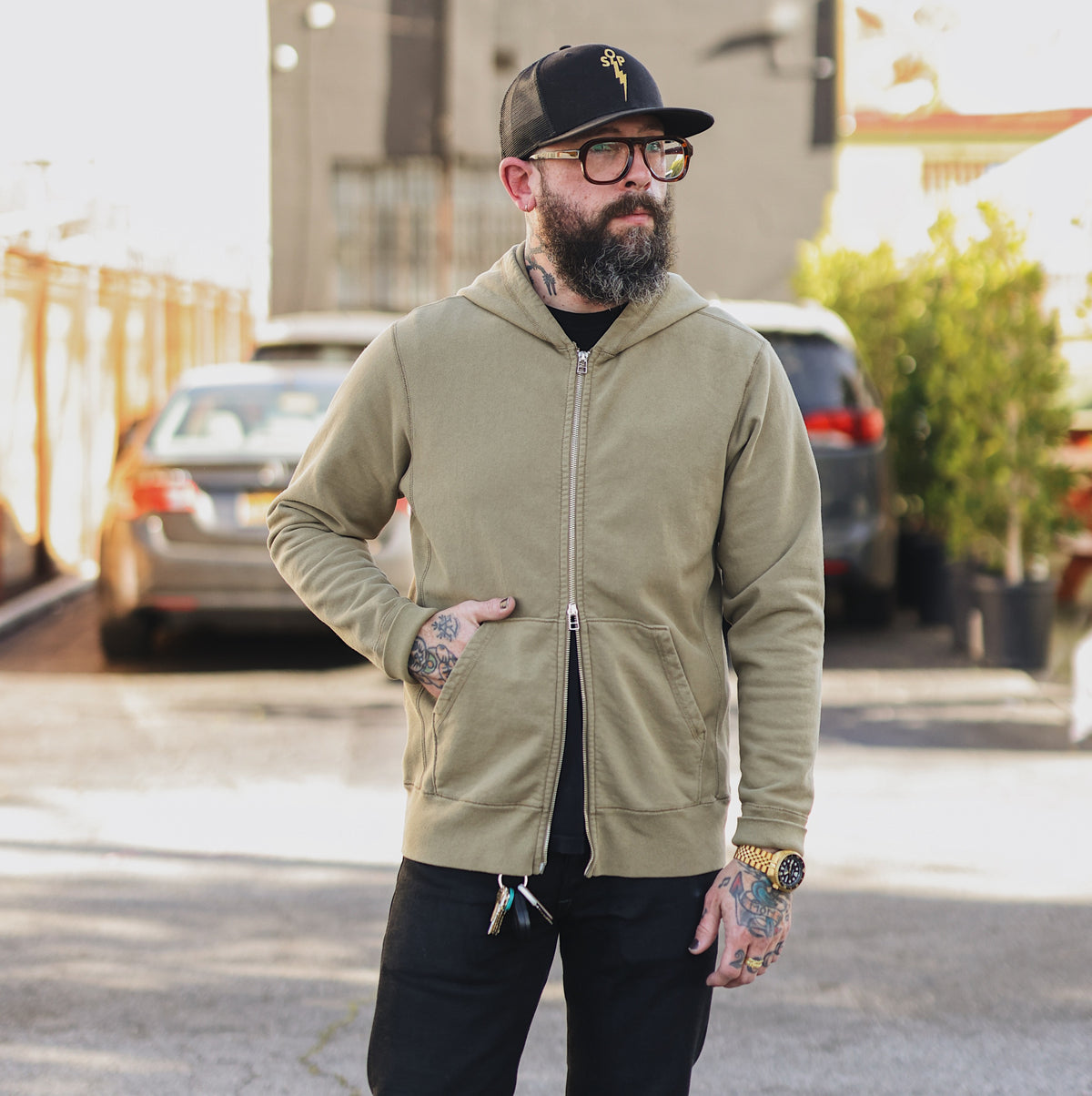 3sixteen Zip Hoodie Olive Garment Dye